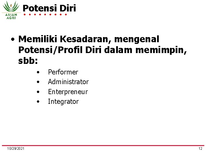 Potensi Diri • Memiliki Kesadaran, mengenal Potensi/Profil Diri dalam memimpin, sbb: • • 10/29/2021