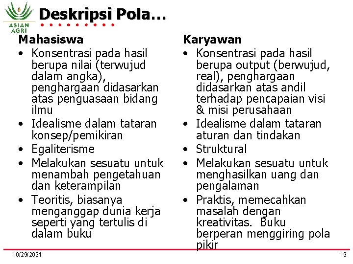 Deskripsi Pola… Mahasiswa • Konsentrasi pada hasil berupa nilai (terwujud dalam angka), penghargaan didasarkan