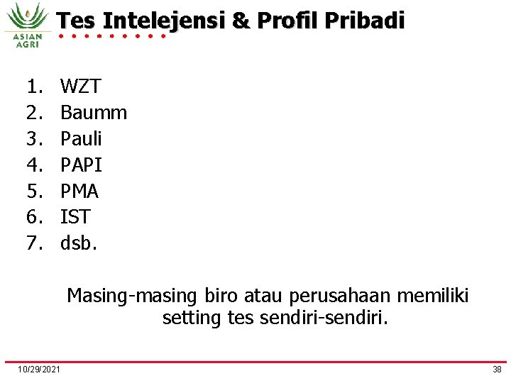 Tes Intelejensi & Profil Pribadi 1. 2. 3. 4. 5. 6. 7. WZT Baumm