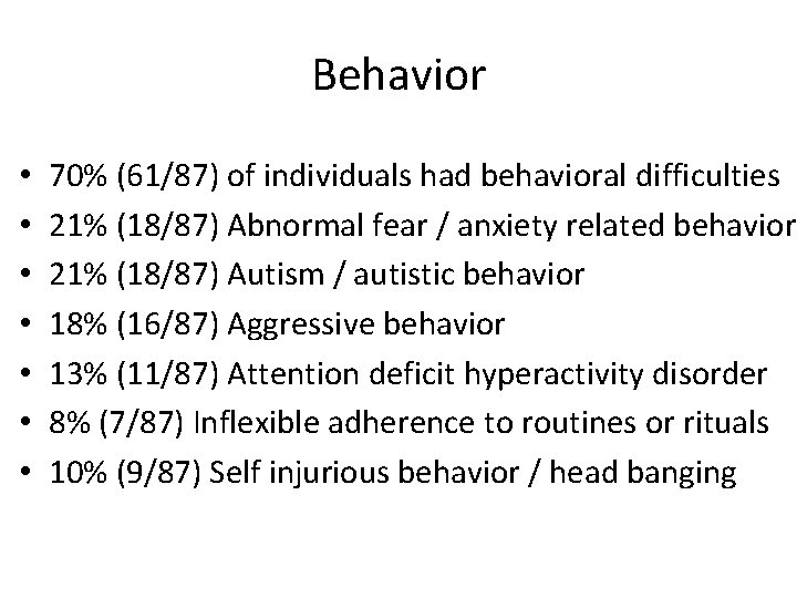 Behavior • • 70% (61/87) of individuals had behavioral difficulties 21% (18/87) Abnormal fear