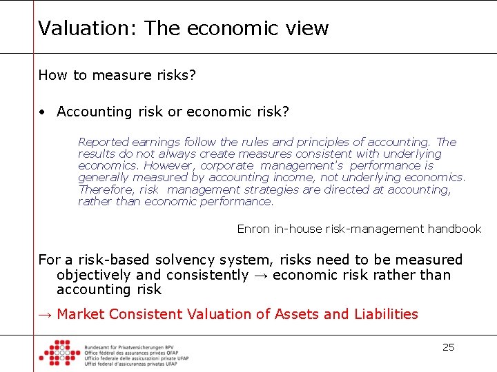 Valuation: The economic view How to measure risks? • Accounting risk or economic risk?