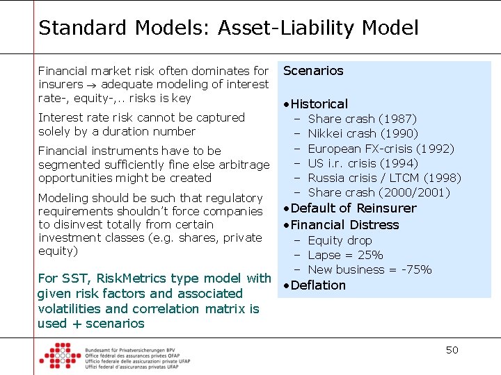 Standard Models: Asset-Liability Model Financial market risk often dominates for insurers adequate modeling of