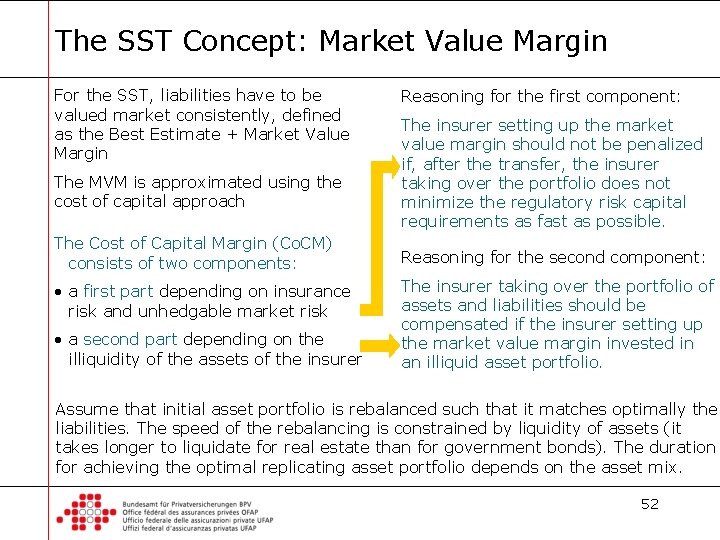 The SST Concept: Market Value Margin For the SST, liabilities have to be valued