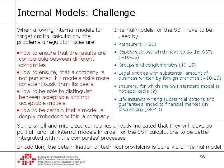 Internal Models: Challenge When allowing internal models for target capital calculation, the problems a