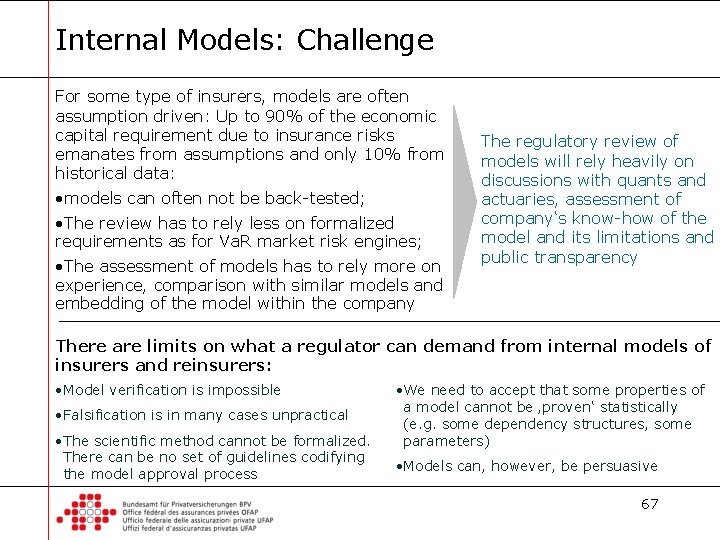 Internal Models: Challenge For some type of insurers, models are often assumption driven: Up
