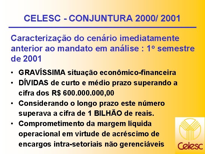 CELESC - CONJUNTURA 2000/ 2001 Caracterização do cenário imediatamente anterior ao mandato em análise