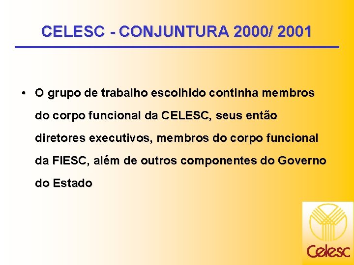CELESC - CONJUNTURA 2000/ 2001 • O grupo de trabalho escolhido continha membros do