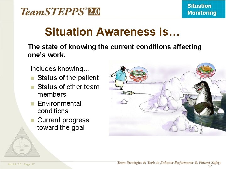 Situation Monitoring Situation Awareness is… The state of knowing the current conditions affecting one’s
