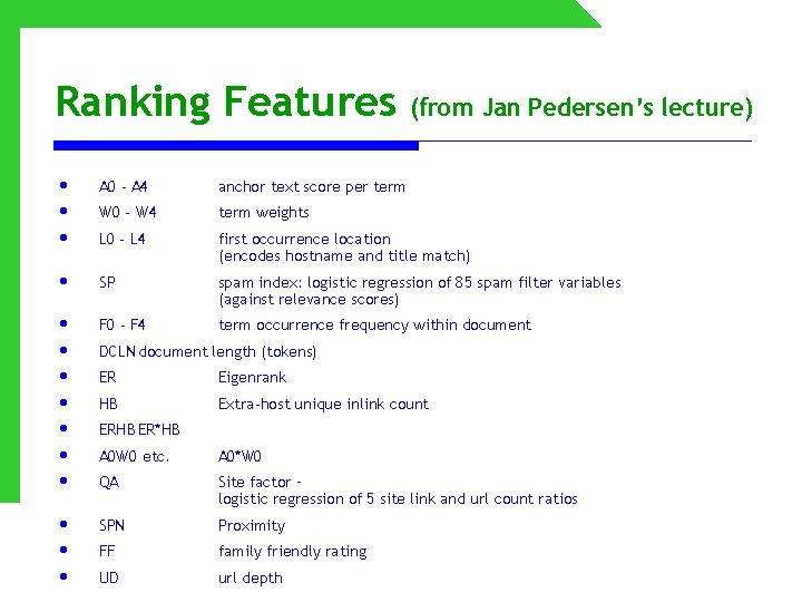 Ranking Features (from Jan Pedersen’s lecture) • • • A 0 - A 4