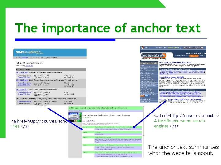 The importance of anchor text <a href=http: //courses. ischool…> i 141 </a> <a href=http: