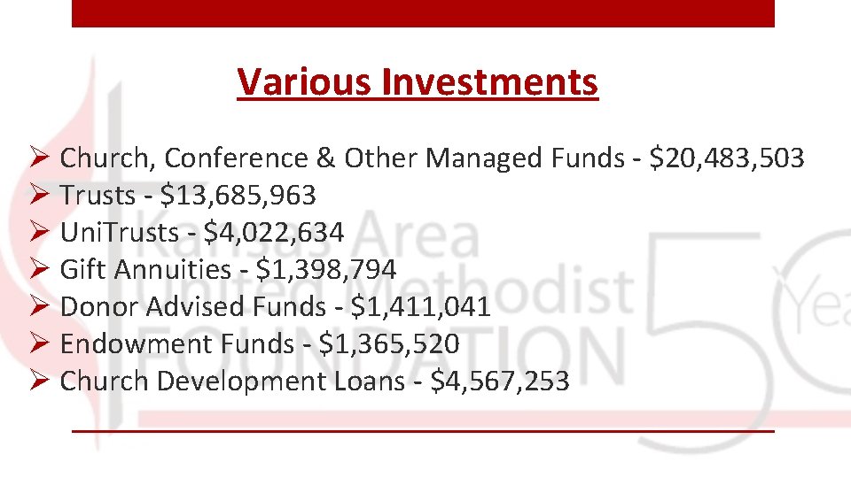 Various Investments Ø Church, Conference & Other Managed Funds - $20, 483, 503 Ø