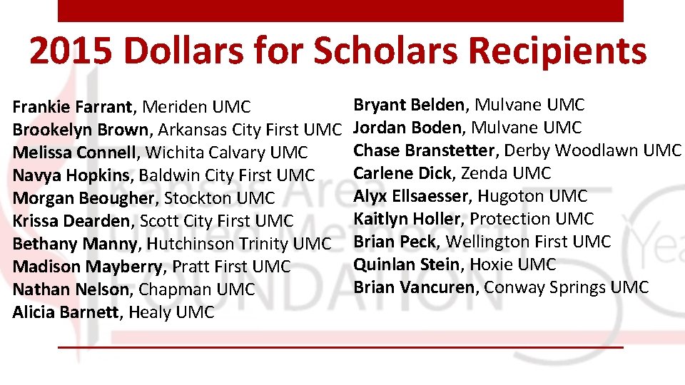 2015 Dollars for Scholars Recipients Frankie Farrant, Meriden UMC Brookelyn Brown, Arkansas City First