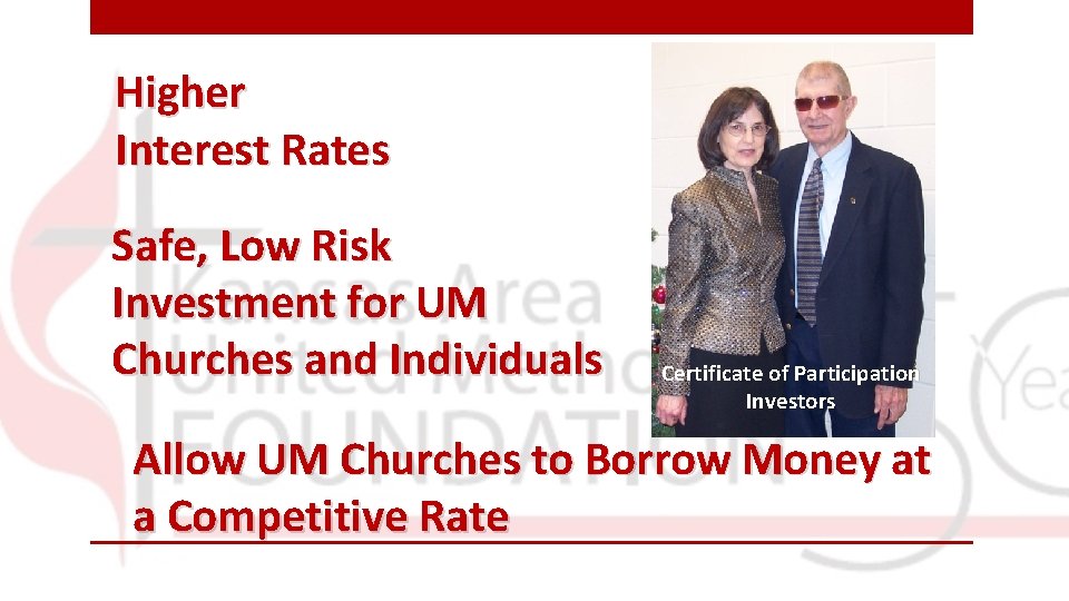 Higher Interest Rates Safe, Low Risk Investment for UM Churches and Individuals Certificate of