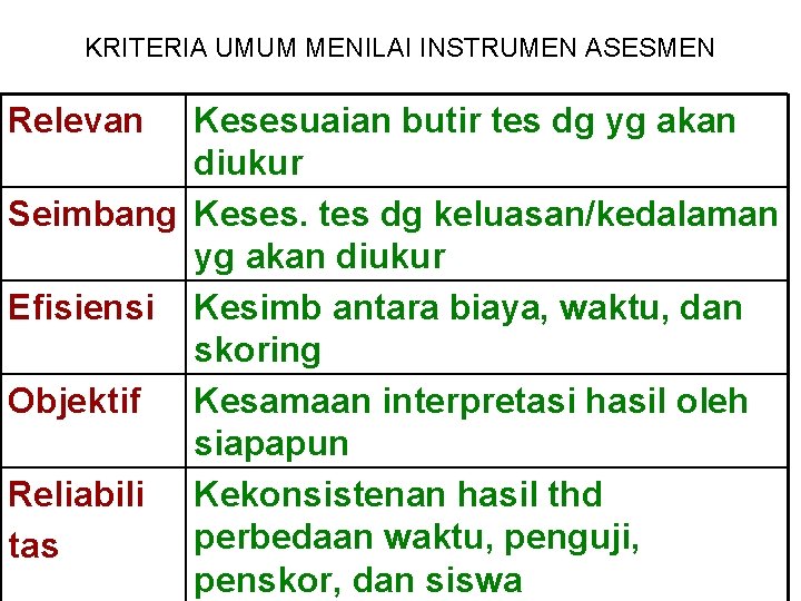 KRITERIA UMUM MENILAI INSTRUMEN ASESMEN Relevan Kesesuaian butir tes dg yg akan diukur Seimbang