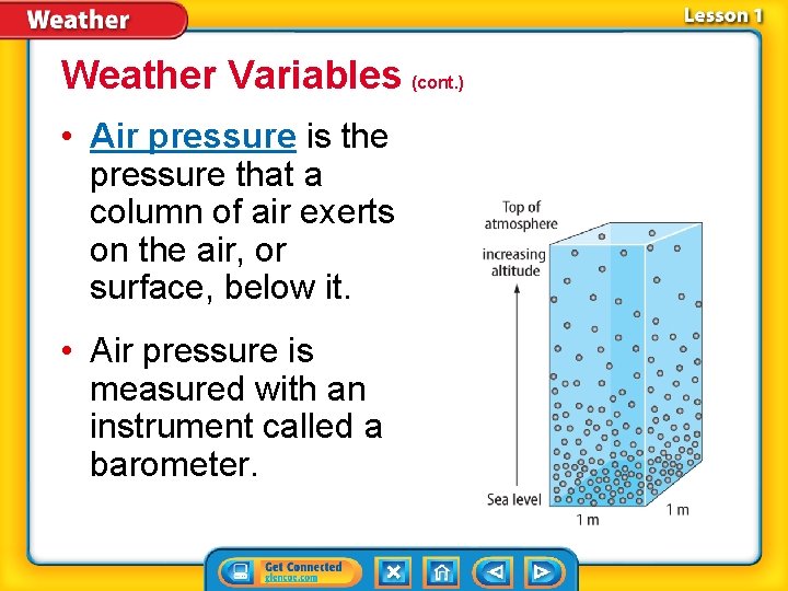 Weather Variables (cont. ) • Air pressure is the pressure that a column of