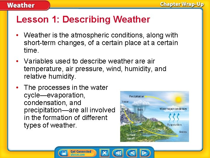 Lesson 1: Describing Weather • Weather is the atmospheric conditions, along with short-term changes,