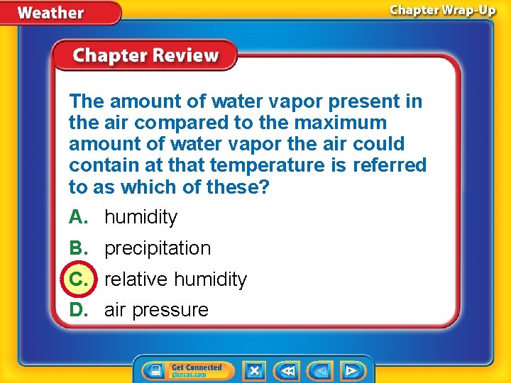 The amount of water vapor present in the air compared to the maximum amount