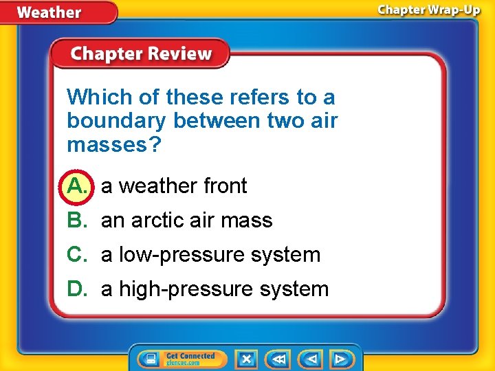 Which of these refers to a boundary between two air masses? A. a weather