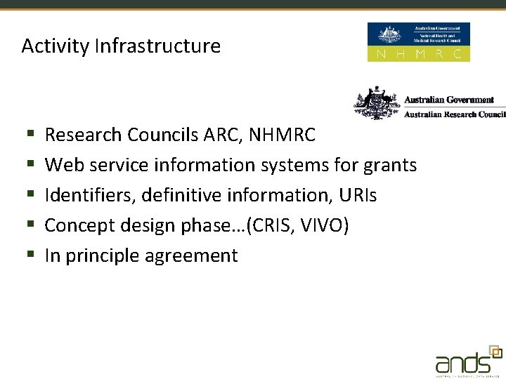 Activity Infrastructure § § § Research Councils ARC, NHMRC Web service information systems for
