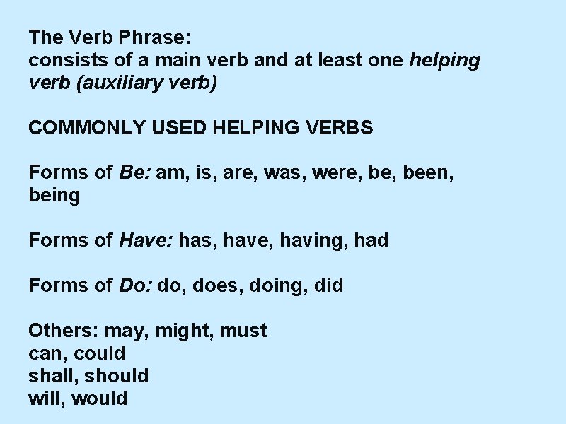 The Verb Phrase: consists of a main verb and at least one helping verb