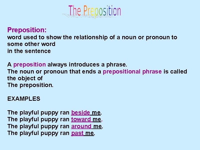 Preposition: word used to show the relationship of a noun or pronoun to some