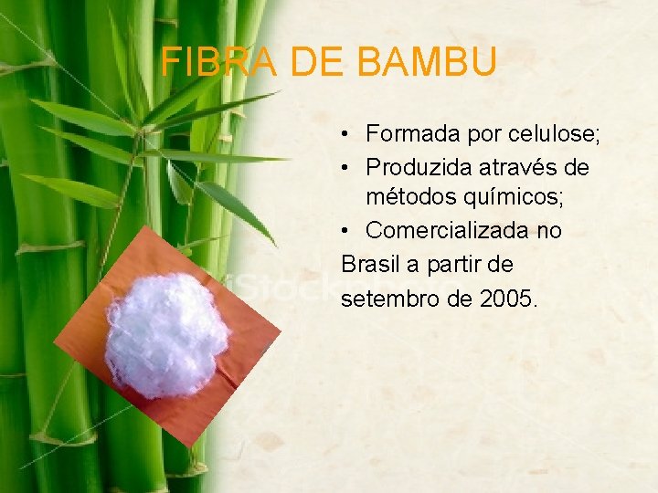 FIBRA DE BAMBU • Formada por celulose; • Produzida através de métodos químicos; •