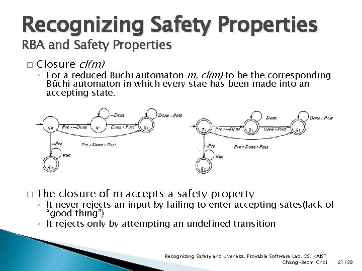 Recognizing Safety Properties RBA and Safety Properties � Closure cl(m) � The closure of