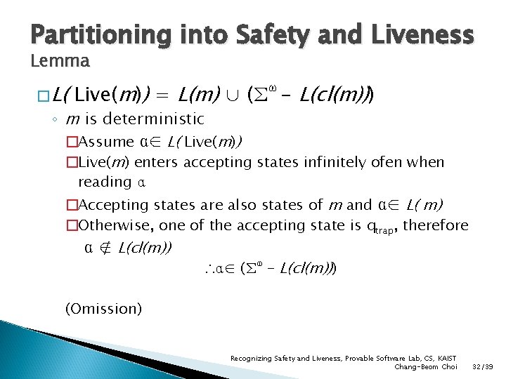 Partitioning into Safety and Liveness Lemma �L( Live(m)) = L(m) ∪ (Σ - L(cl(m)))