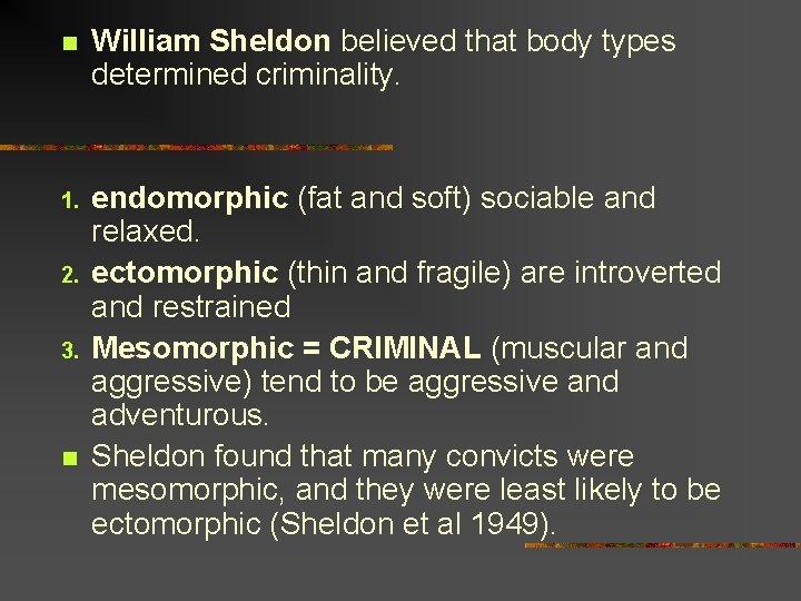 n William Sheldon believed that body types determined criminality. 1. endomorphic (fat and soft)