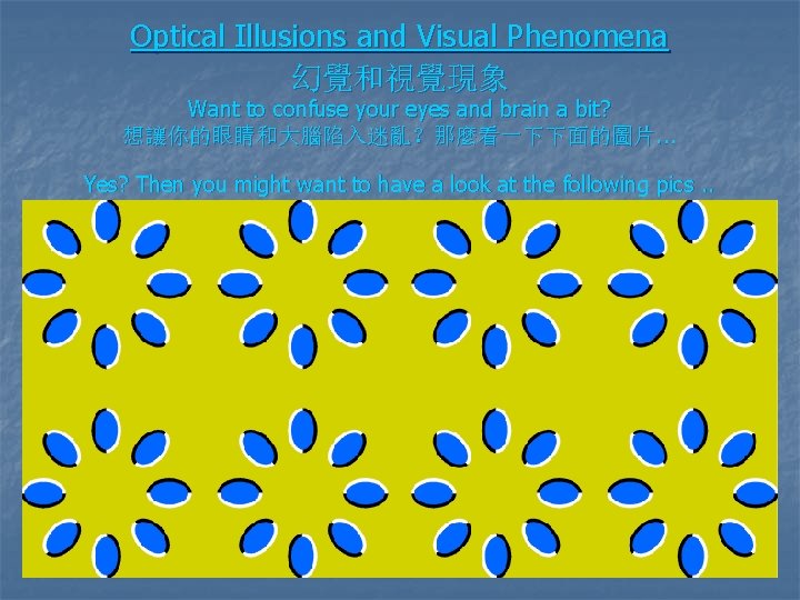 Optical Illusions and Visual Phenomena 幻覺和視覺現象 Want to confuse your eyes and brain a