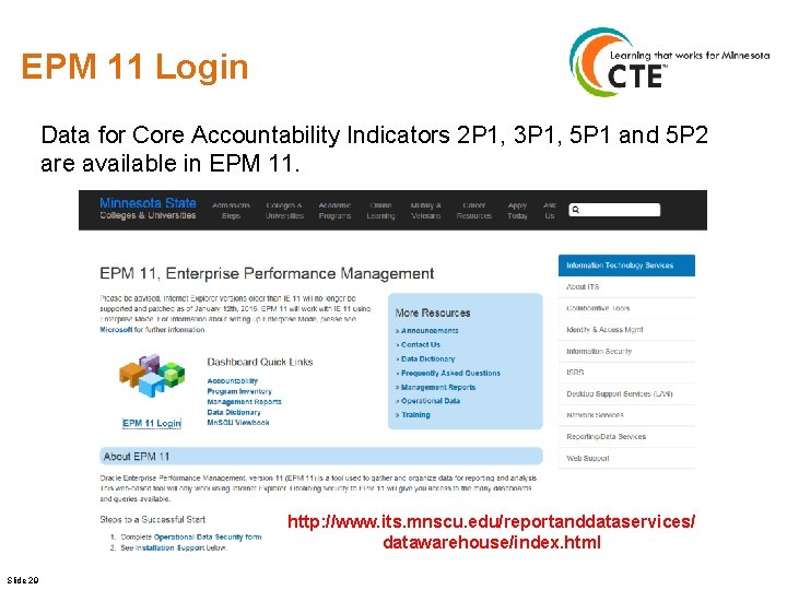EPM 11 Login Data for Core Accountability Indicators 2 P 1, 3 P 1,