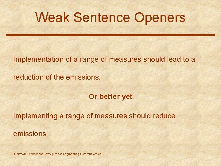 Weak Sentence Openers Implementation of a range of measures should lead to a reduction