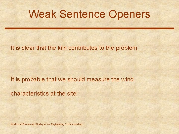 Weak Sentence Openers It is clear that the kiln contributes to the problem. It