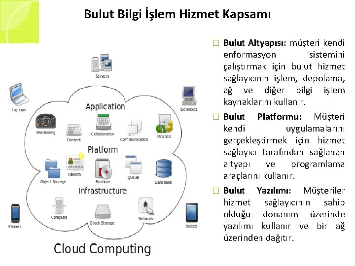 Bulut Bilgi İşlem Hizmet Kapsamı Bulut Altyapısı: müşteri kendi enformasyon sistemini çalıştırmak için bulut