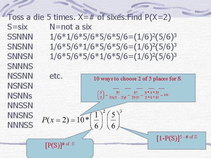 Toss a die S=six SSNNN SNSNN SNNSN SNNNS NSSNN NSNSN NSNNs NNSSN NNSNS NNNSS