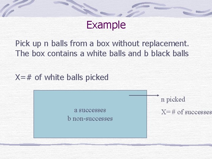 Example Pick up n balls from a box without replacement. The box contains a