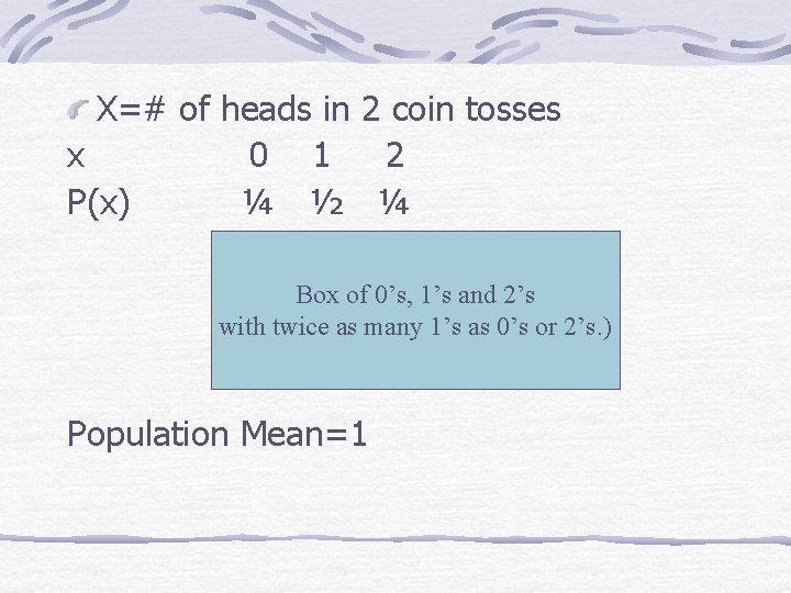 X=# of heads in 2 coin tosses x 0 1 2 P(x) ¼ ½