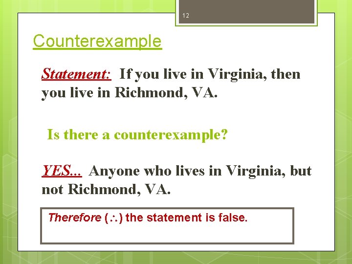 12 Counterexample Statement: If you live in Virginia, then you live in Richmond, VA.
