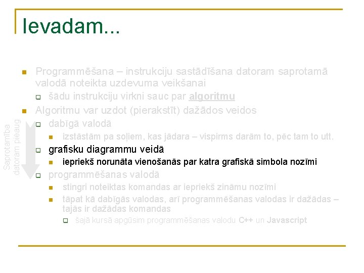 Ievadam. . . n Saprotamība datoram pieaug n Programmēšana – instrukciju sastādīšana datoram saprotamā