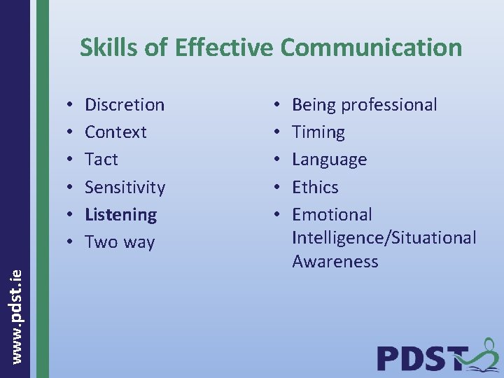 Skills of Effective Communication www. pdst. ie • • • Discretion Context Tact Sensitivity