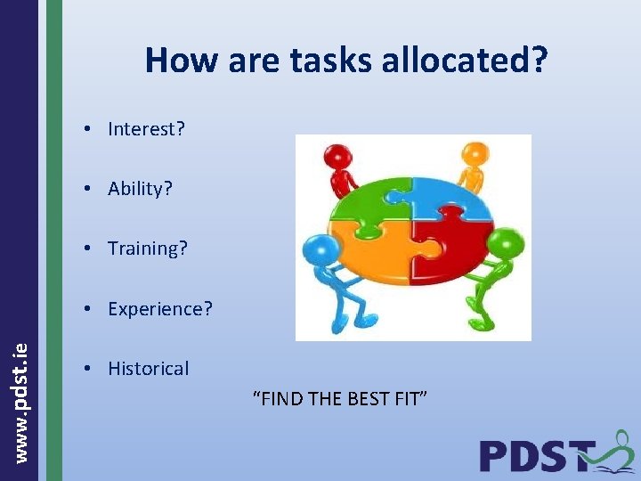 How are tasks allocated? • Interest? • Ability? • Training? www. pdst. ie •