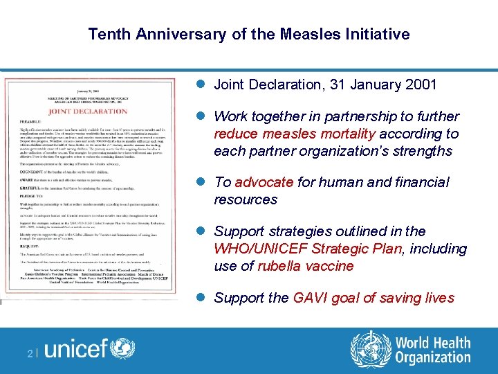 Tenth Anniversary of the Measles Initiative l Joint Declaration, 31 January 2001 l Work