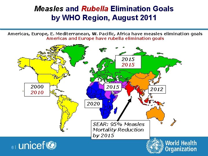 Measles and Rubella Elimination Goals by WHO Region, August 2011 Americas, Europe, E. Mediterranean,