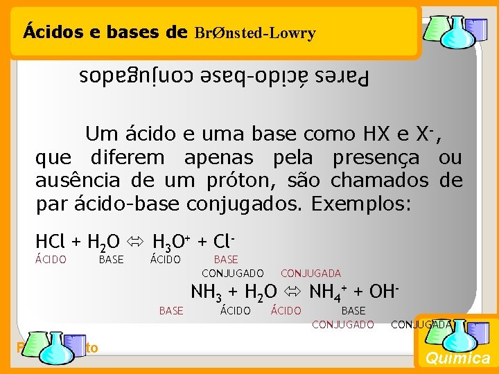 Ácidos e bases de BrØnsted-Lowry Pares ácido-base conjugados Um ácido e uma base como