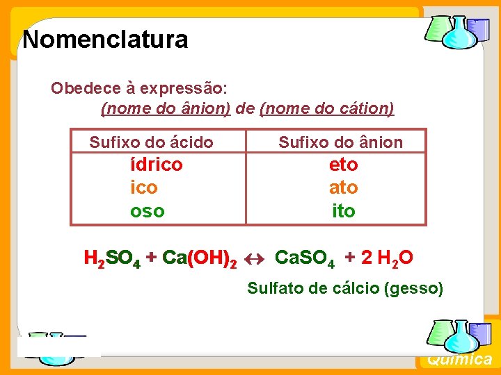 Nomenclatura Obedece à expressão: (nome do ânion) de (nome do cátion) Sufixo do ácido