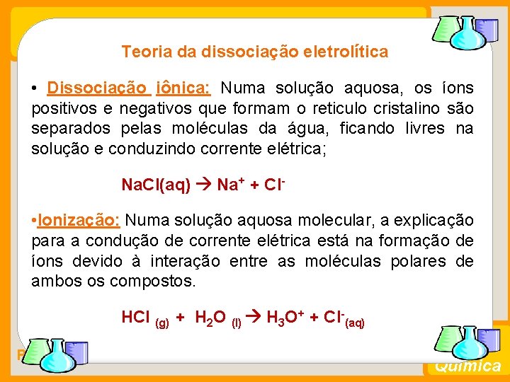 Teoria da dissociação eletrolítica • Dissociação iônica: Numa solução aquosa, os íons positivos e