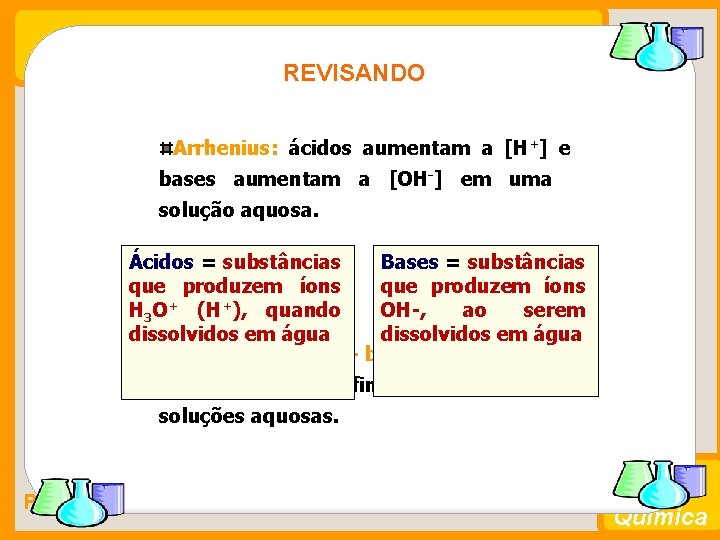 REVISANDO Arrhenius: ácidos aumentam a [H+] e bases aumentam a [OH-] em uma solução