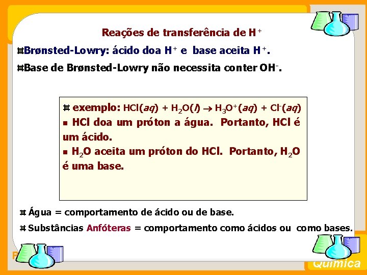 Reações de transferência de H+ Brønsted-Lowry: ácido doa H+ e base aceita H+. Base