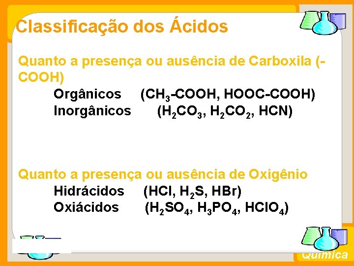 Classificação dos Ácidos Quanto a presença ou ausência de Carboxila (COOH) Orgânicos (CH 3