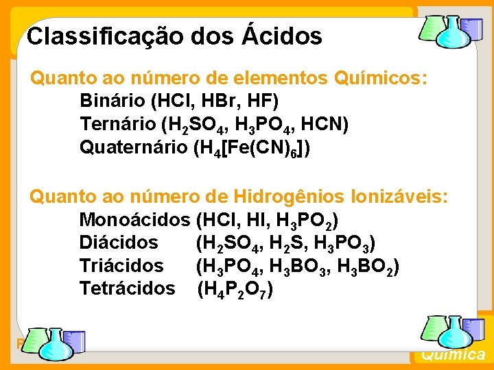 Classificação dos Ácidos Quanto ao número de elementos Químicos: Binário (HCl, HBr, HF) Ternário